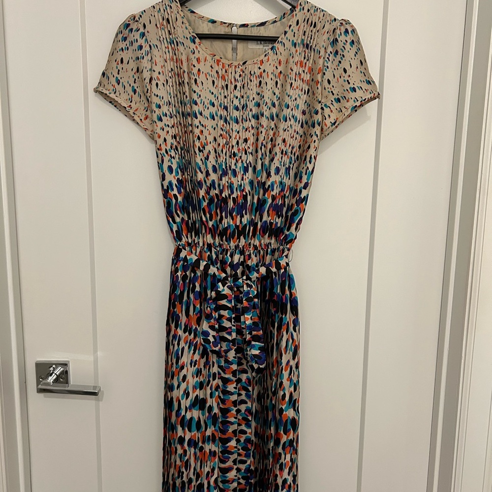 LK Bennett Multicolor Splash Print Satin Dress – Pleated Skirt, Elegant & Chic